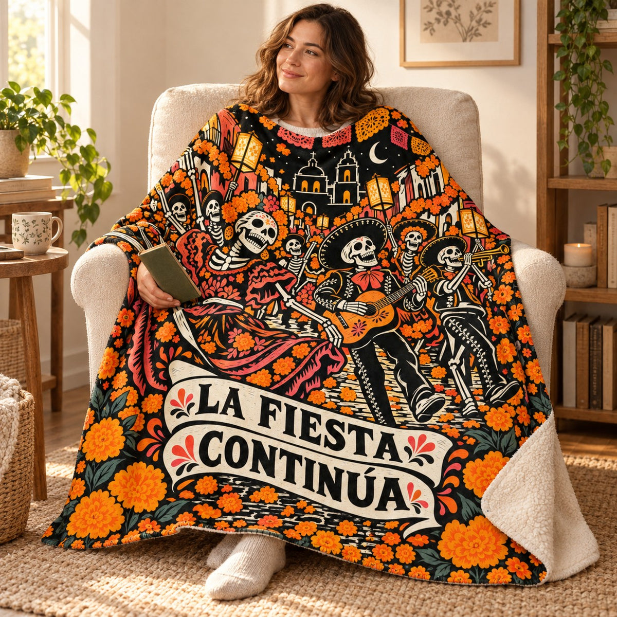La Fiesta Continúa blanket, wrapped around a reader