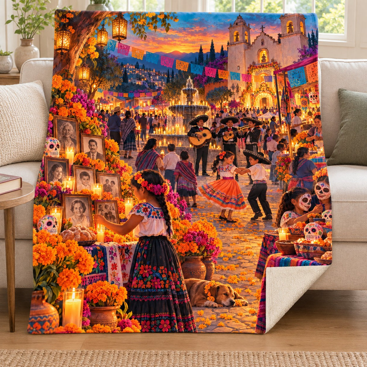 Plaza Celebration blanket, on a sofa