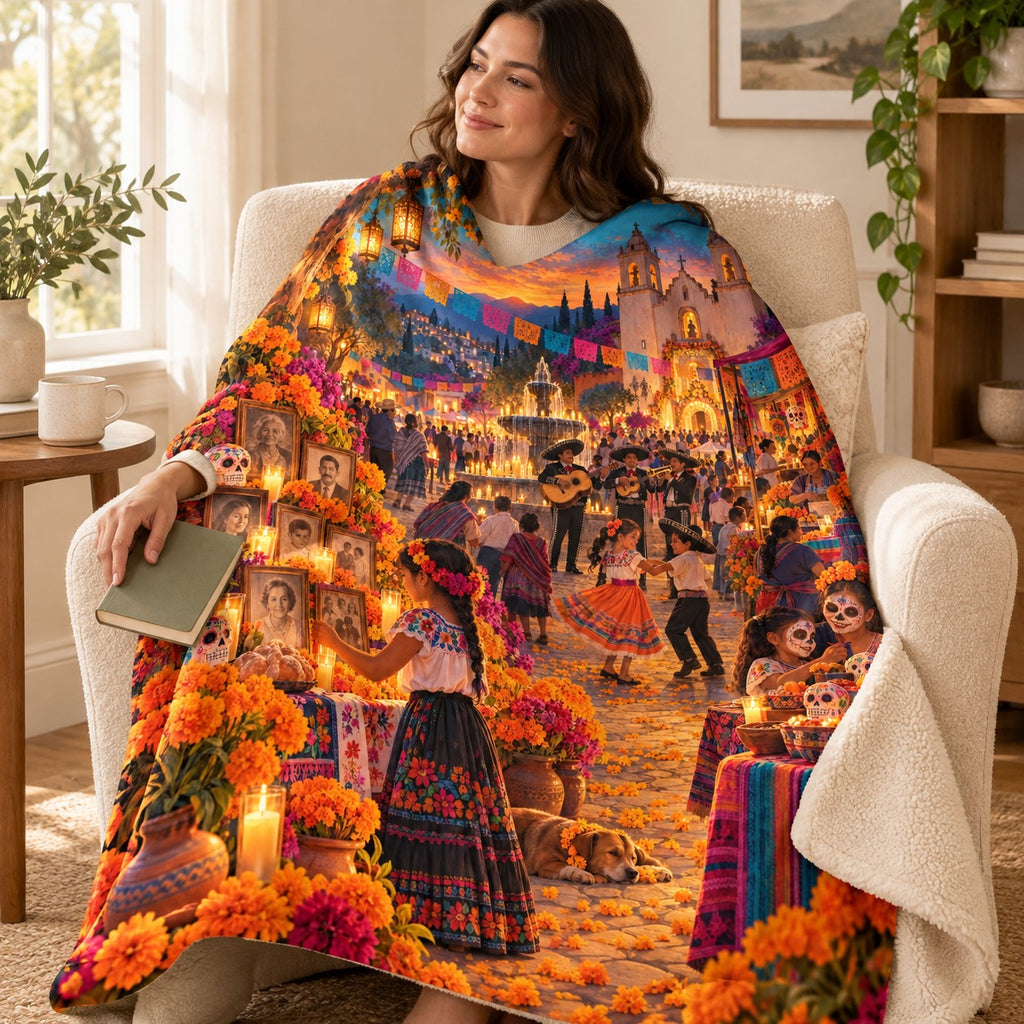 Plaza Celebration blanket, wrapped around a reader
