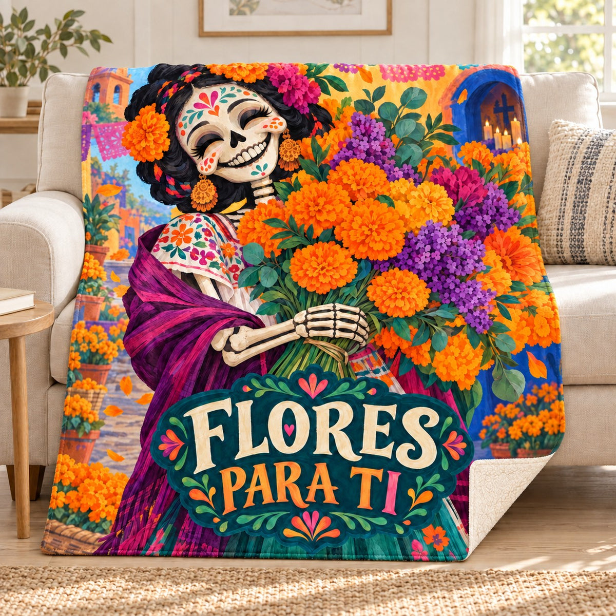 Flores para Ti blanket, on a sofa