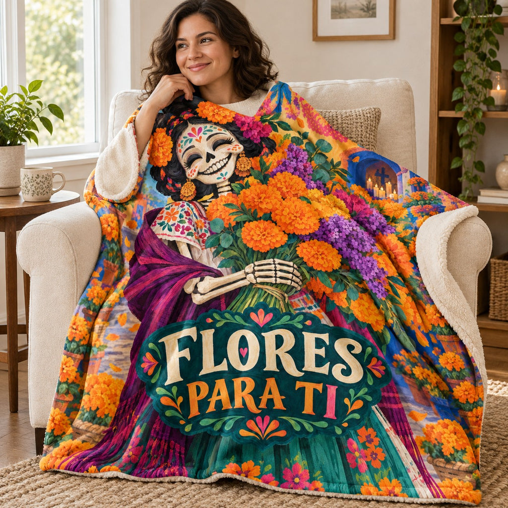 Flores para Ti blanket, wrapped around a reader