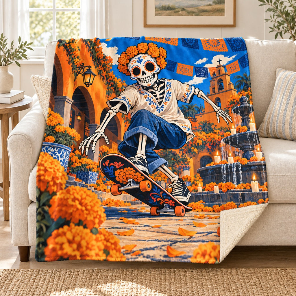 Skateboard Calavera blanket, on a sofa