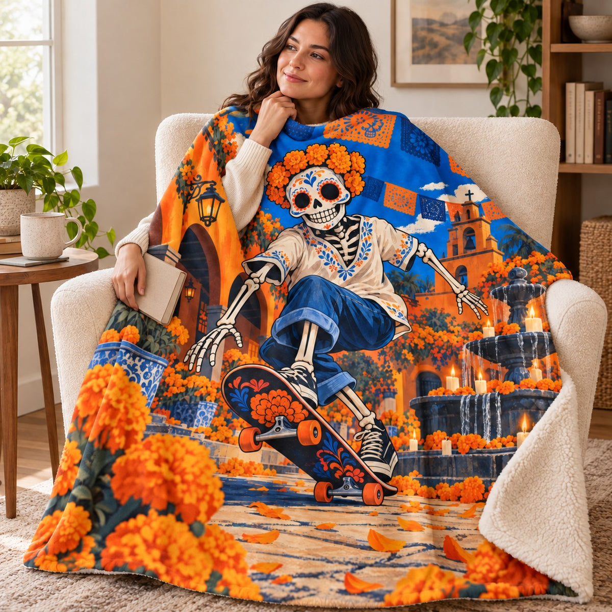 Skateboard Calavera blanket, wrapped around a reader