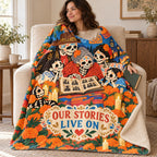 Our Stories Live On blanket, wrapped around a reader