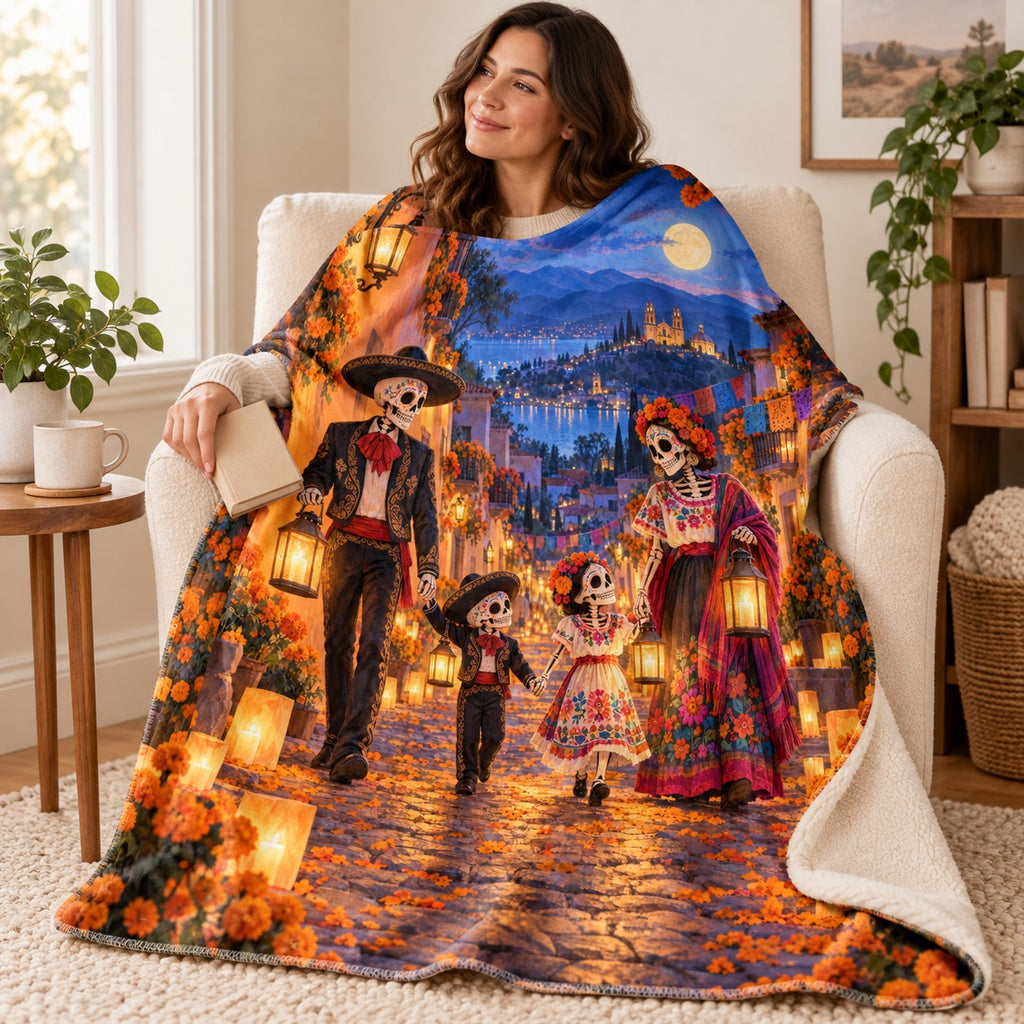 Lantern Walk blanket, wrapped around a reader