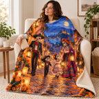 Lantern Walk blanket, wrapped around a reader