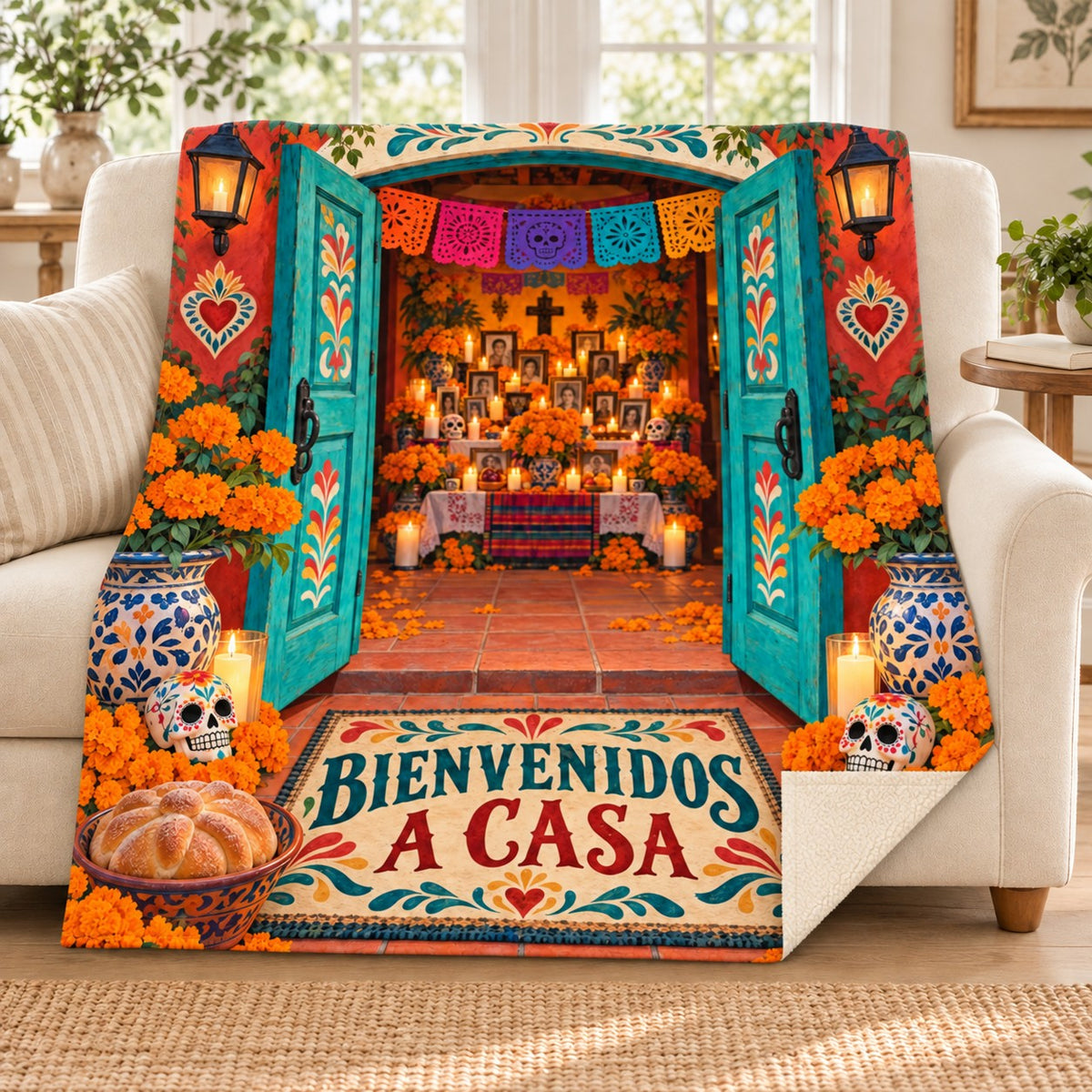 Bienvenidos a Casa blanket, on a sofa
