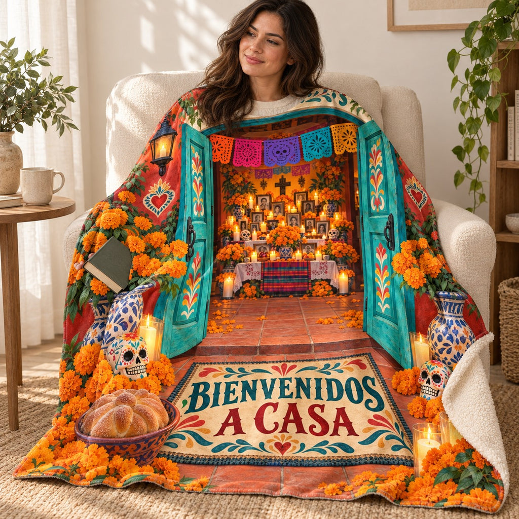 Bienvenidos a Casa blanket, wrapped around a reader
