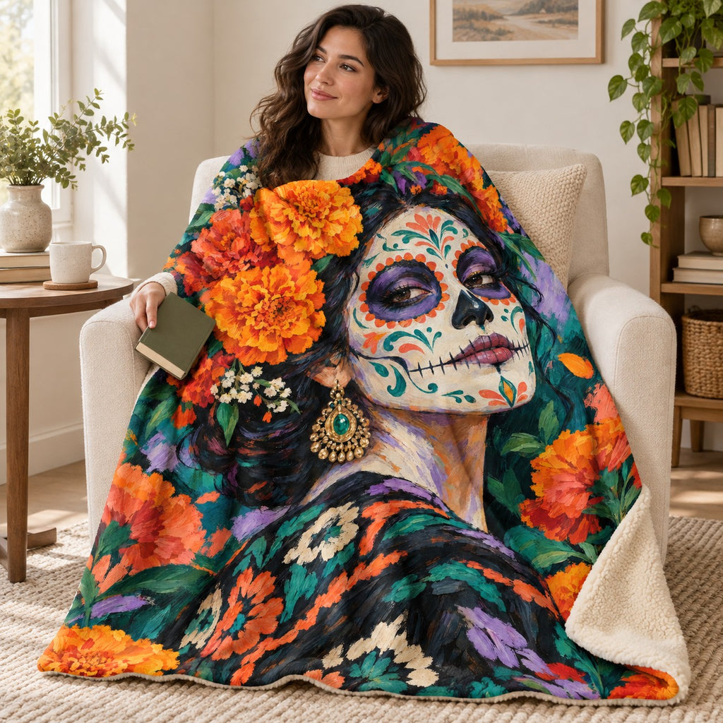 Catrina Portrait blanket, wrapped around a reader