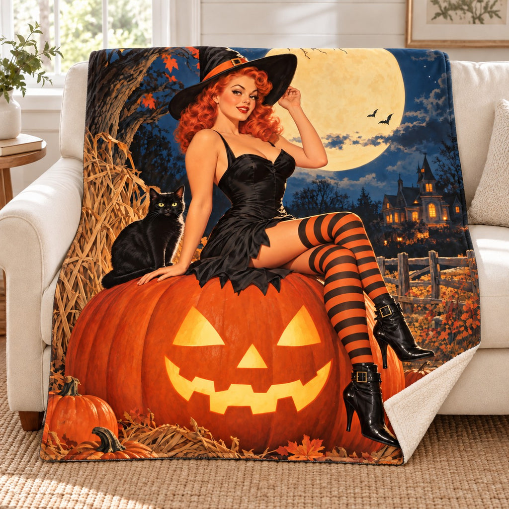 Pumpkin Perch blanket, on a sofa