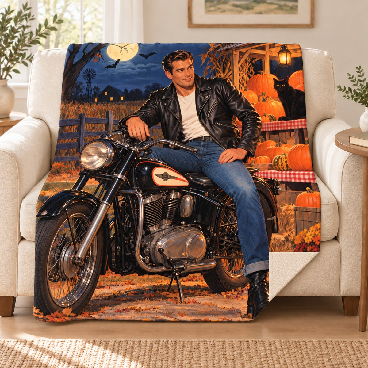 Moonlight Motorcycle blanket, on a sofa