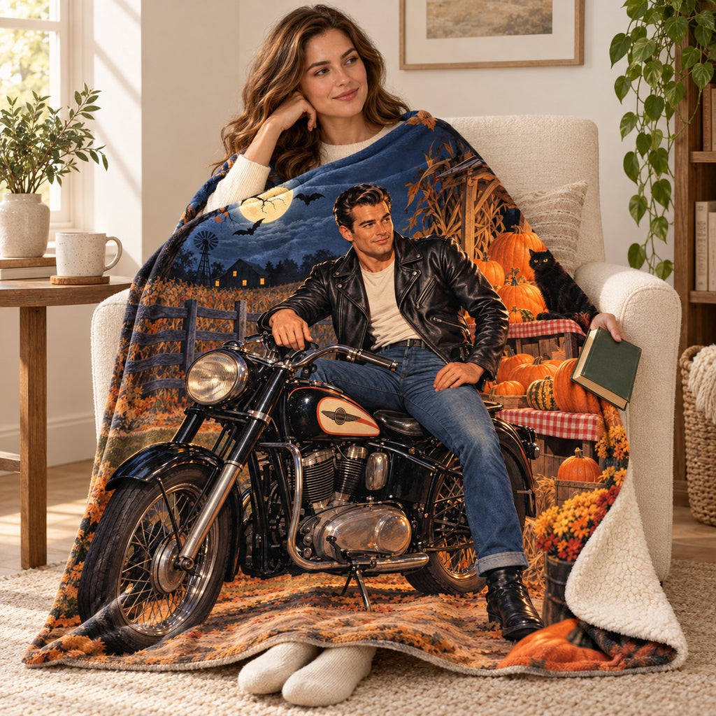Moonlight Motorcycle blanket, wrapped around a reader