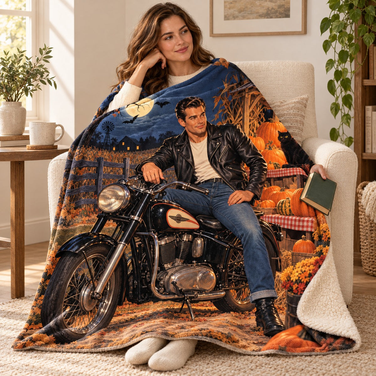Moonlight Motorcycle blanket, wrapped around a reader