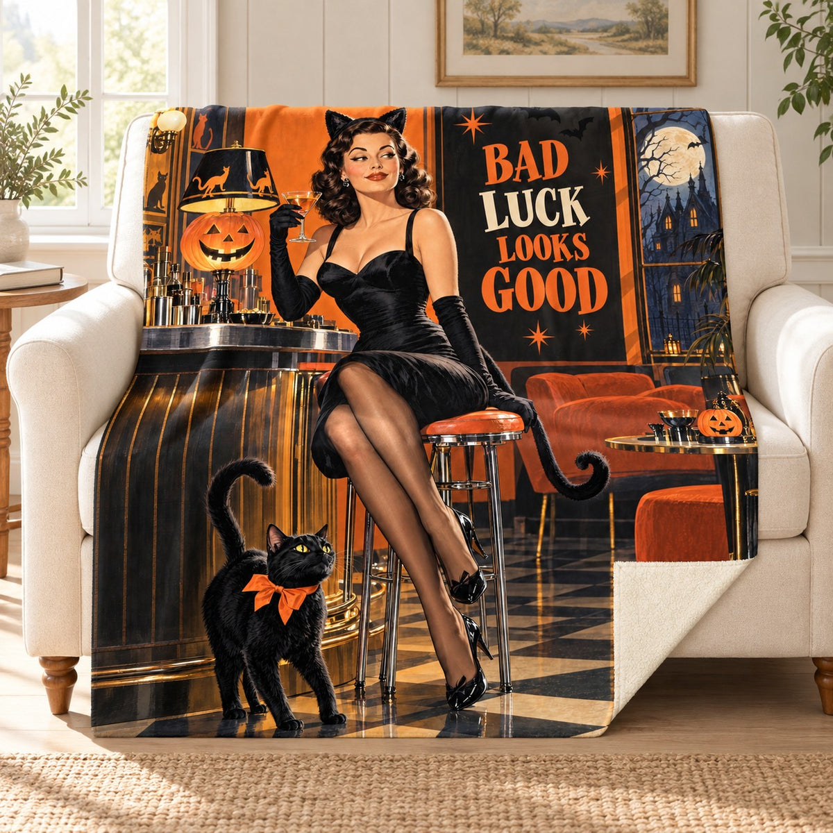 Black Cat Club blanket, on a sofa