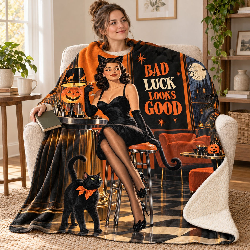 Black Cat Club blanket, wrapped around a reader