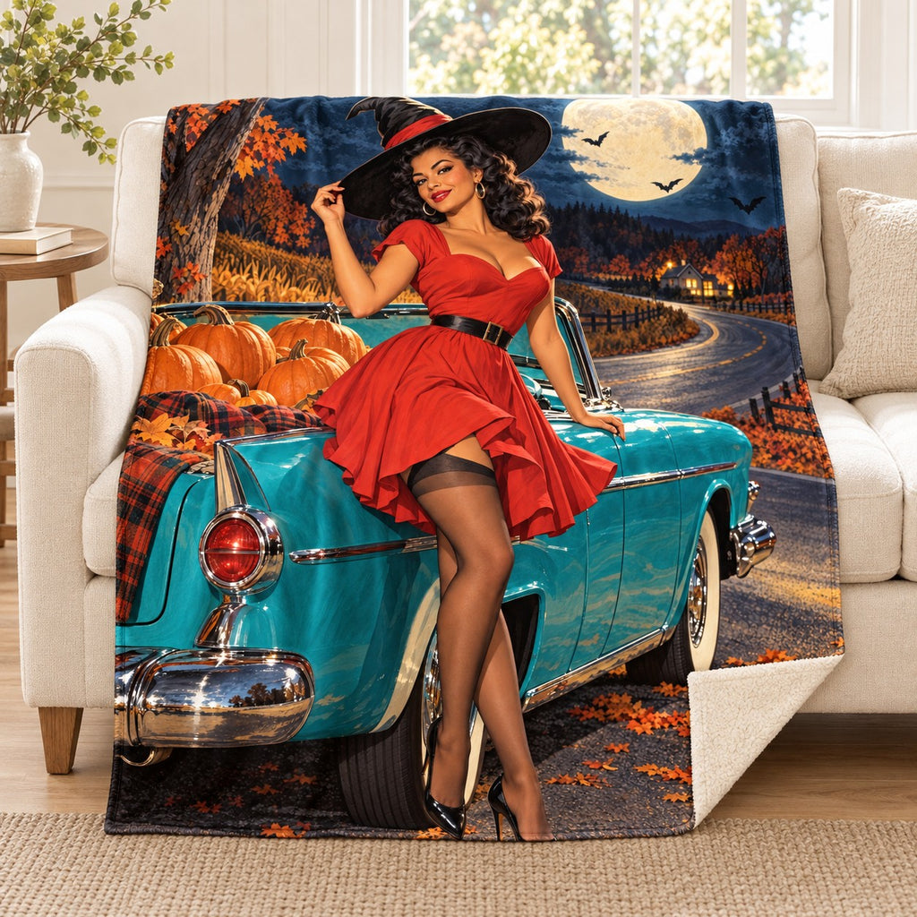 Witch On The Road blanket, on a sofa