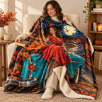 Witch On The Road blanket, wrapped around a reader
