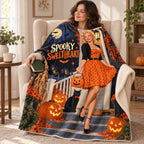 Spooky Sweetheart blanket, wrapped around a reader