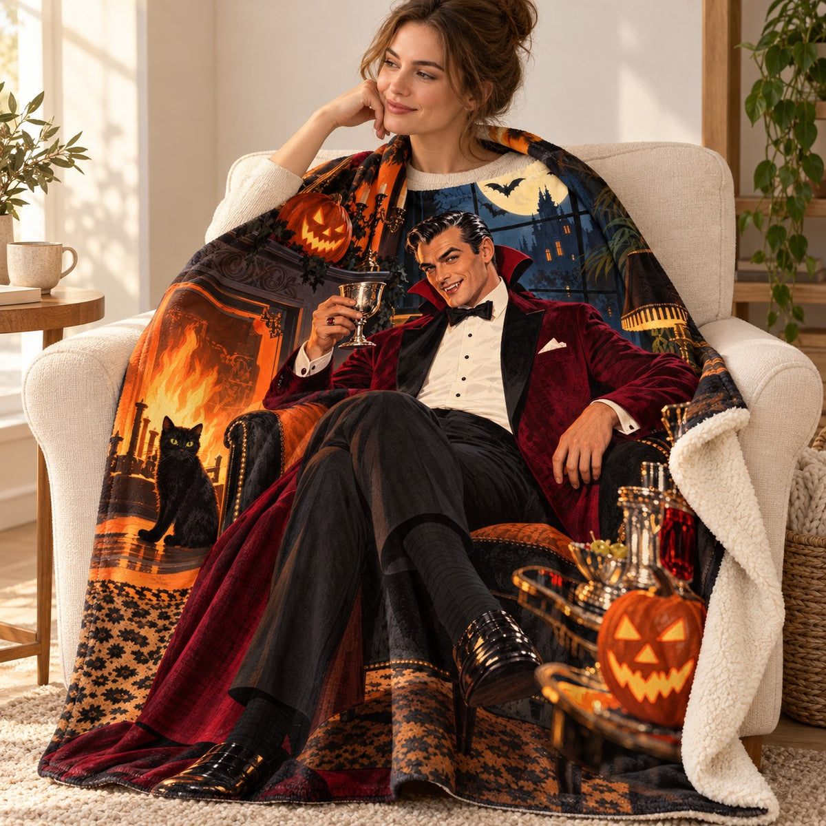 Vampire Lounge blanket, wrapped around a reader