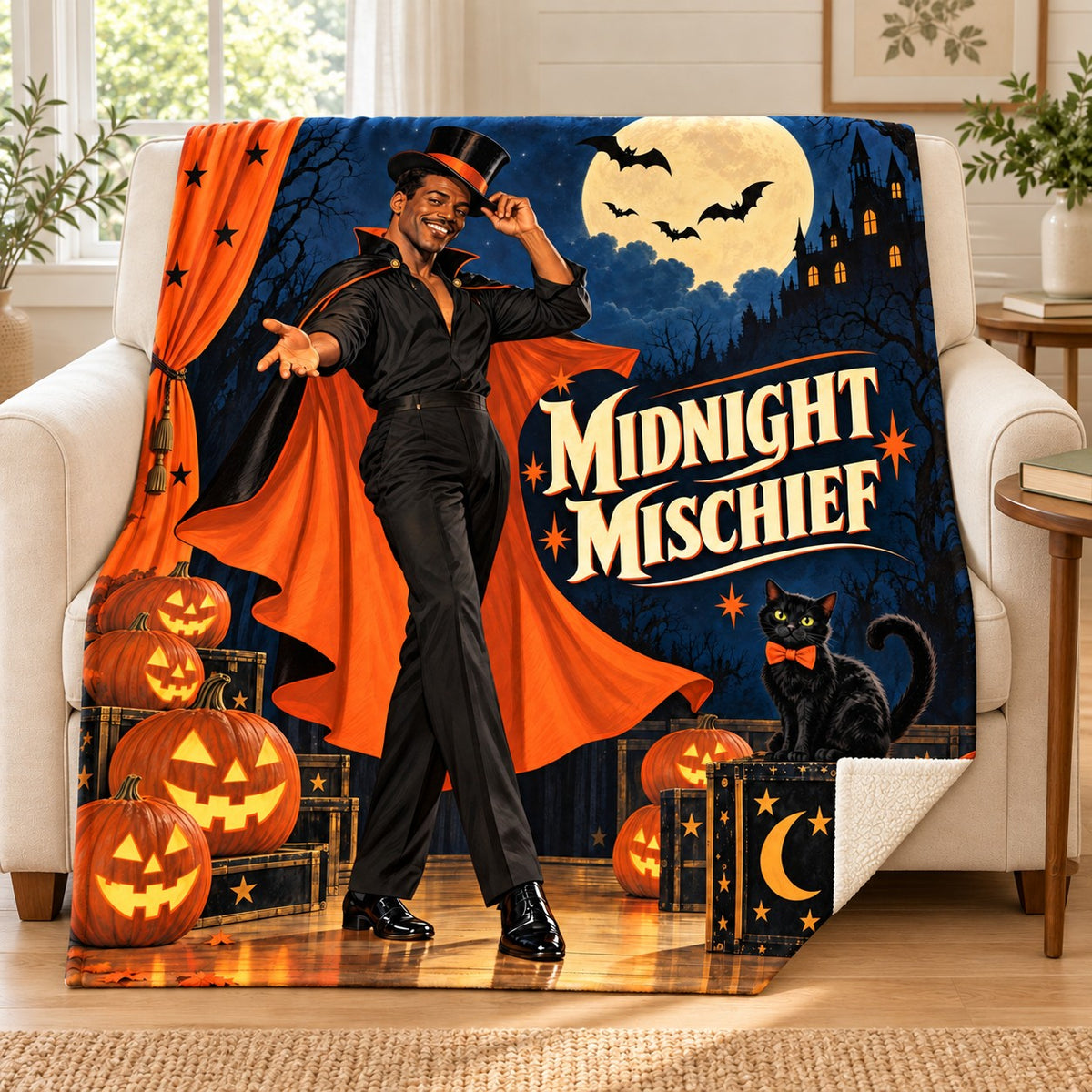 Midnight Mischief blanket, on a sofa