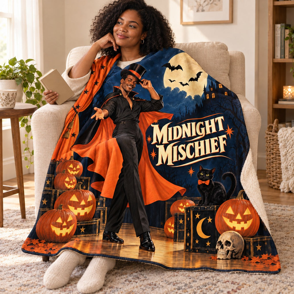 Midnight Mischief blanket, wrapped around a reader