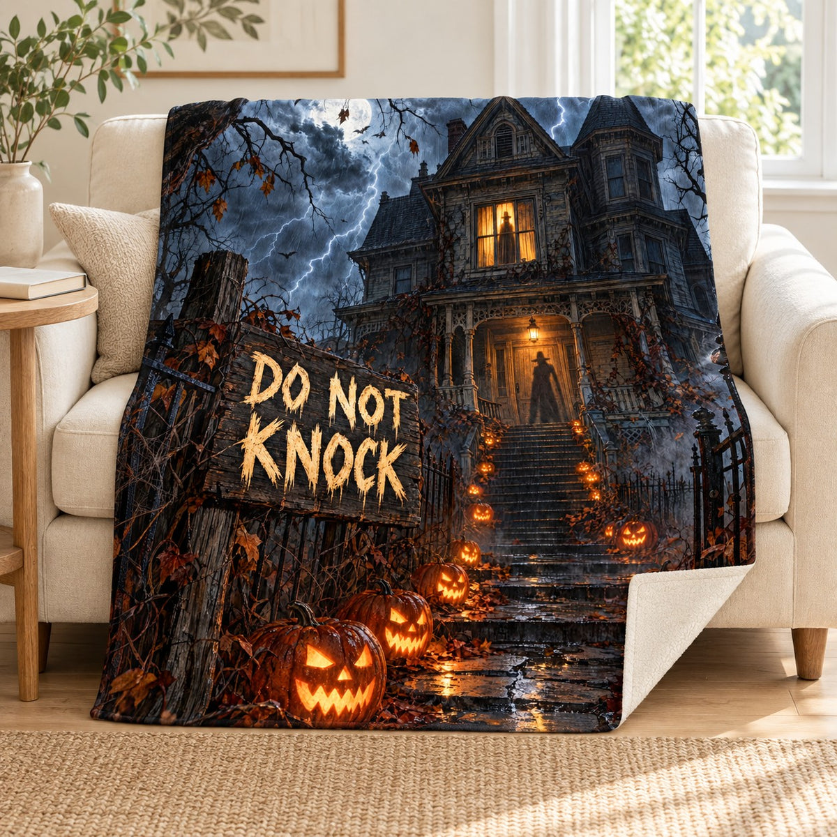Last House blanket, on a sofa