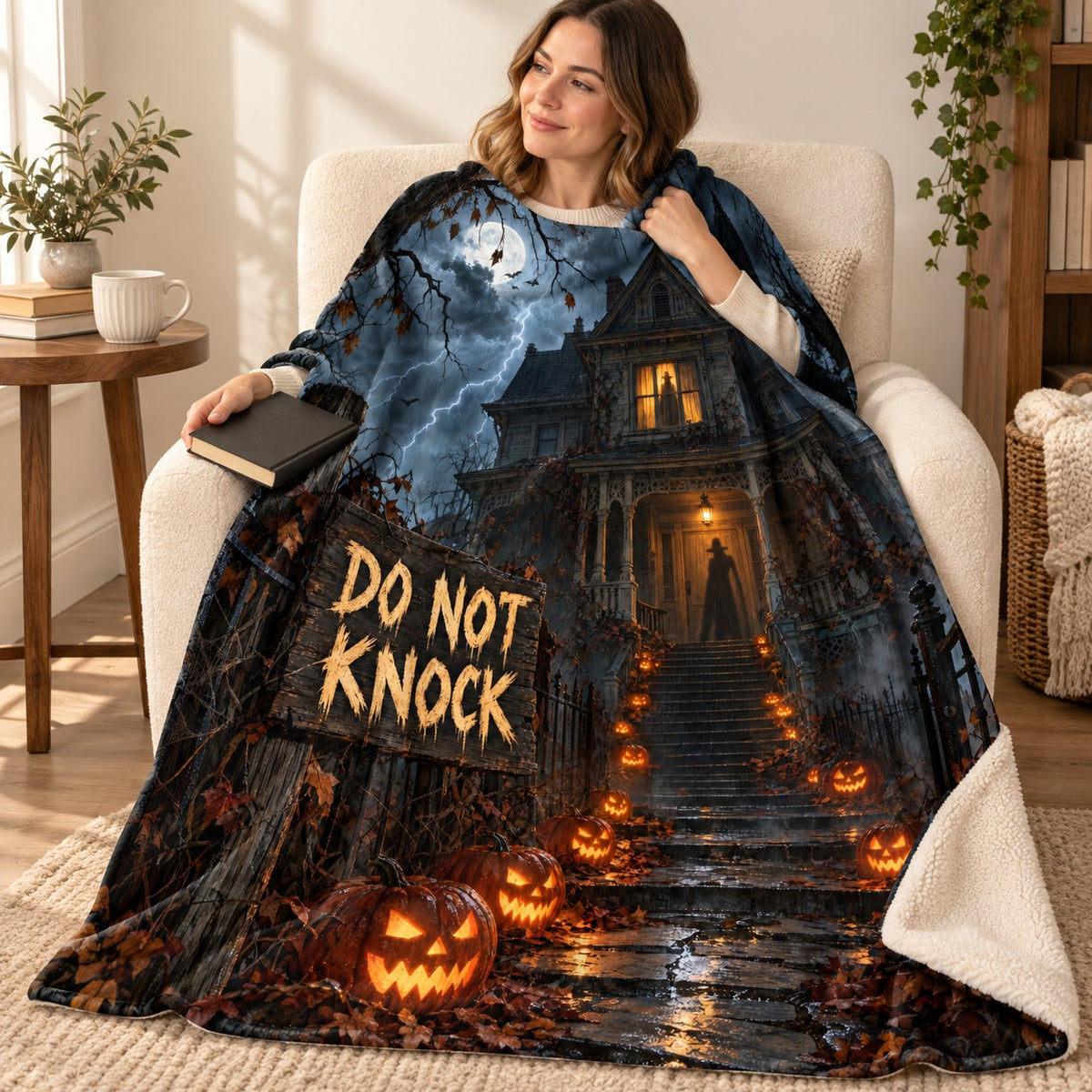 Last House blanket, wrapped around a reader