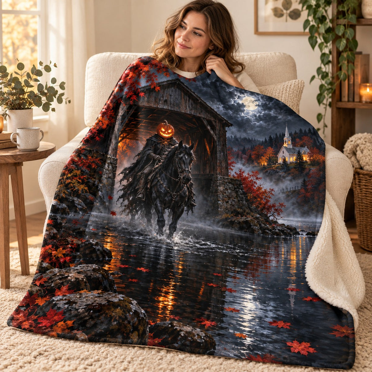 Covered Bridge blanket, wrapped around a reader