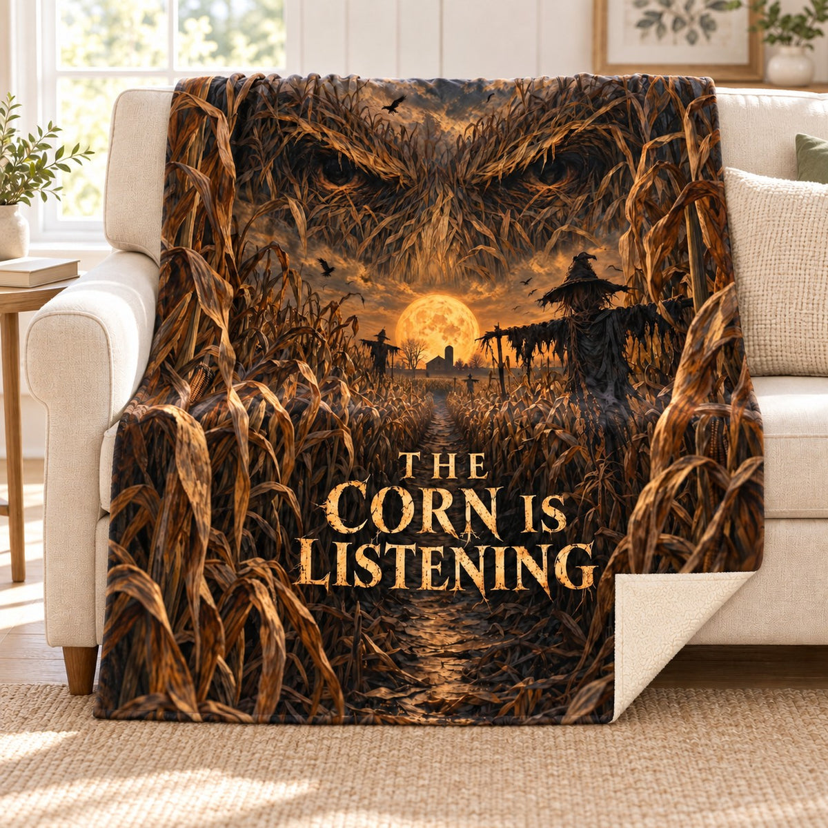 Cornfield Whispers blanket, on a sofa