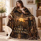 Cornfield Whispers blanket, wrapped around a reader