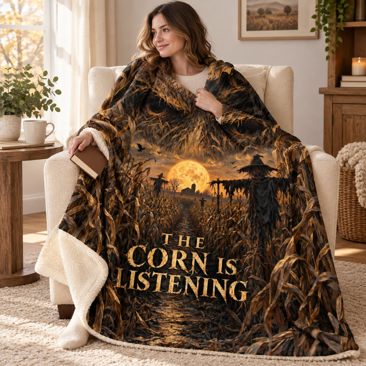 Cornfield Whispers blanket, wrapped around a reader