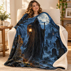 Graveyard Keeper blanket, wrapped around a reader