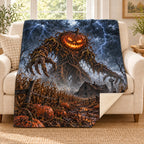 Pumpkin King blanket, on a sofa