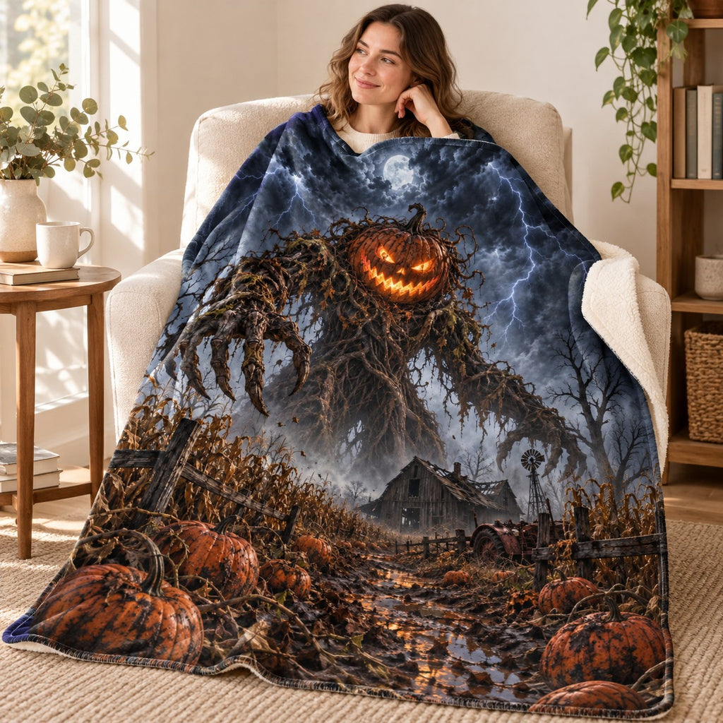 Pumpkin King blanket, wrapped around a reader