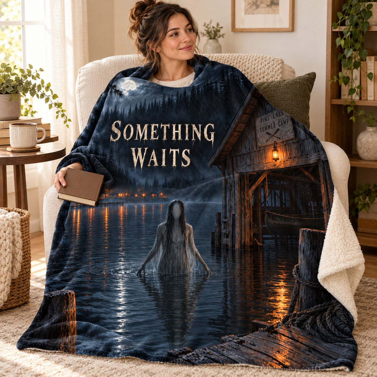 Haunted Lake blanket, wrapped around a reader