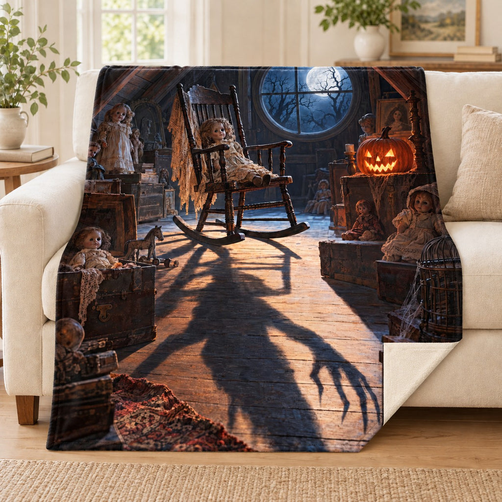Attic Dolls blanket, on a sofa