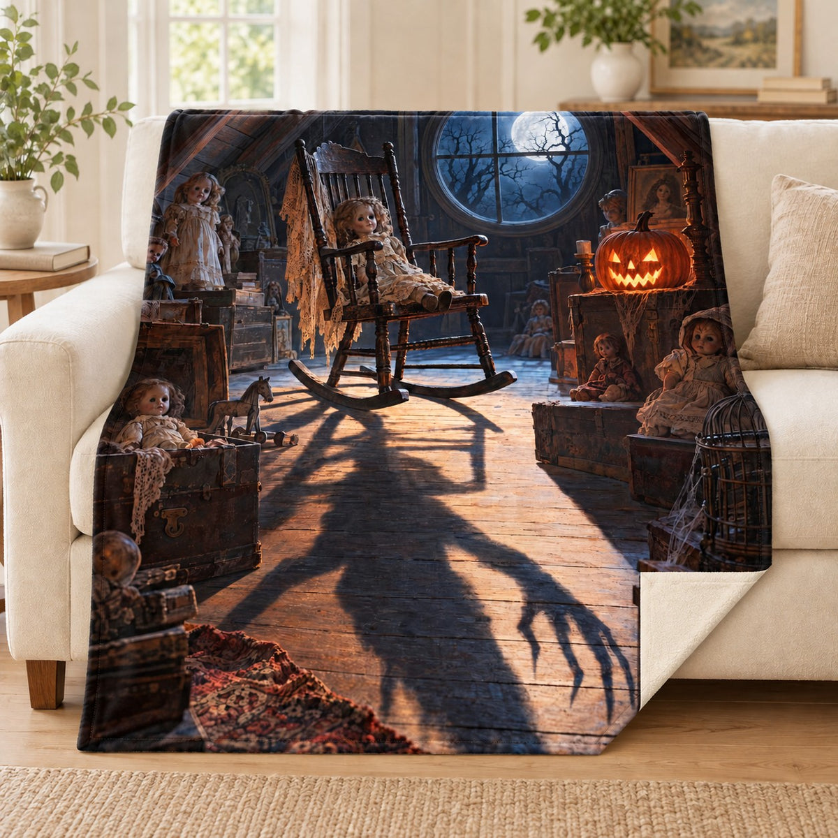 Attic Dolls blanket, on a sofa
