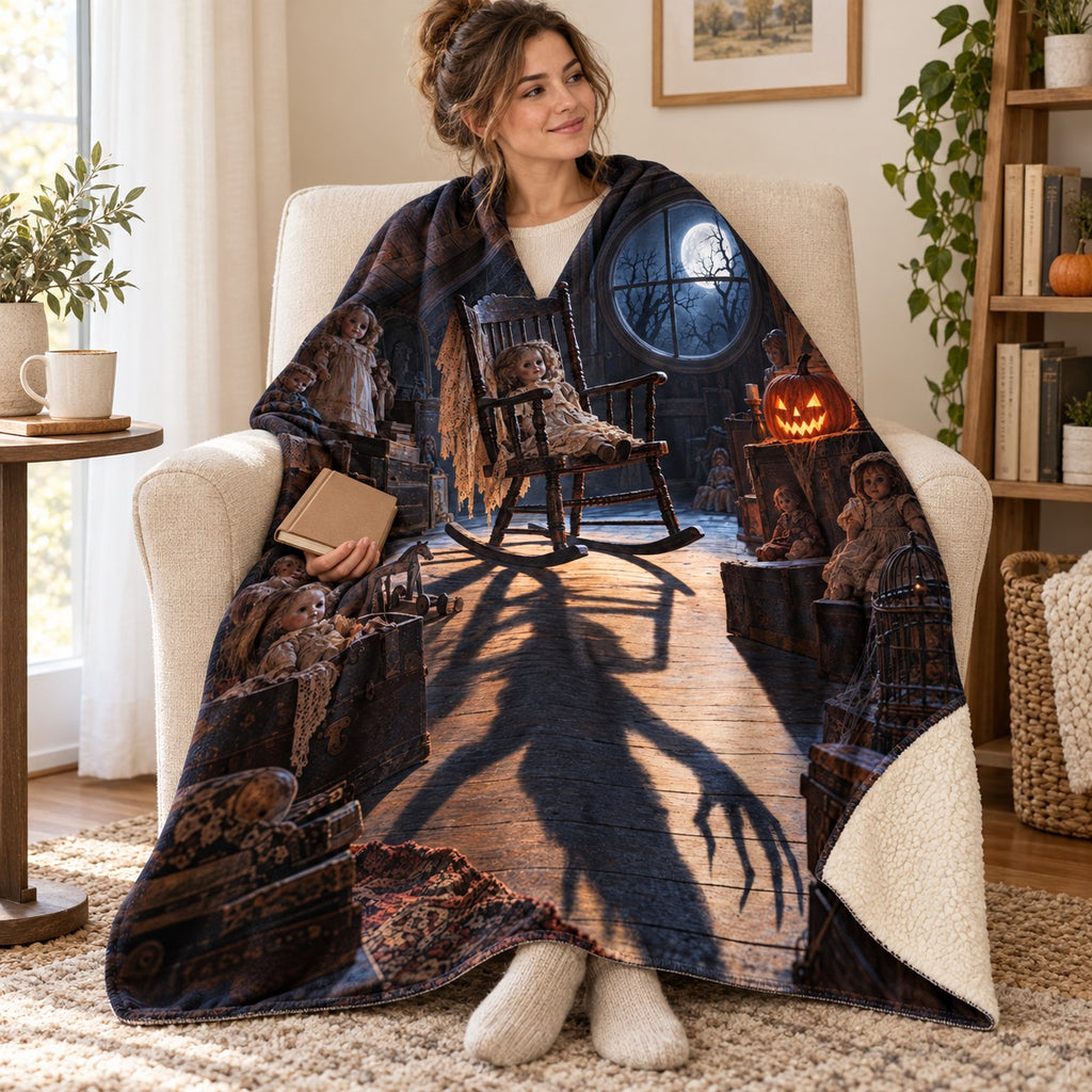 Attic Dolls blanket, wrapped around a reader