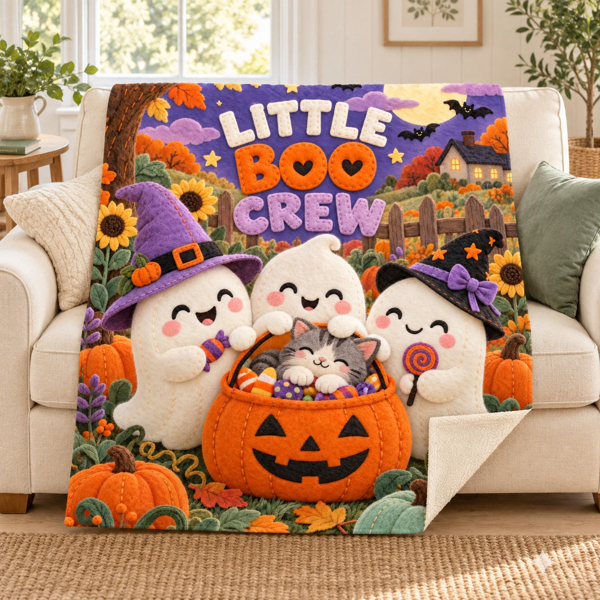 Little Boo Crew blanket, on a sofa