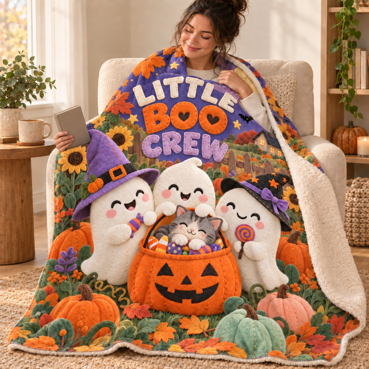 Little Boo Crew blanket, wrapped around a reader