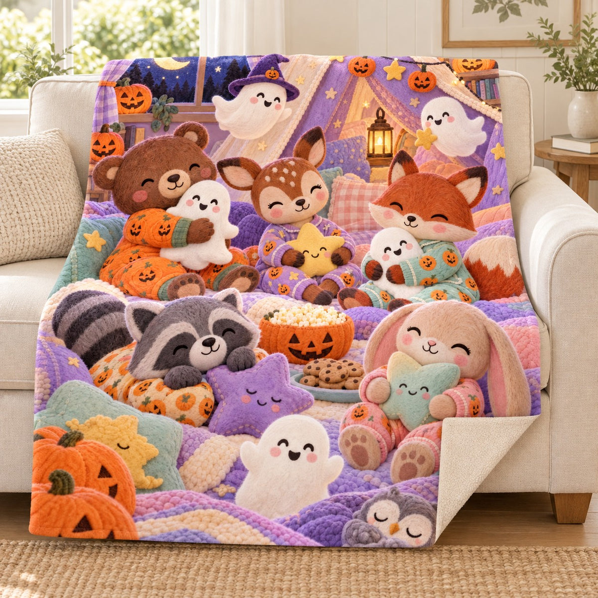Pumpkin Pajamas blanket, on a sofa