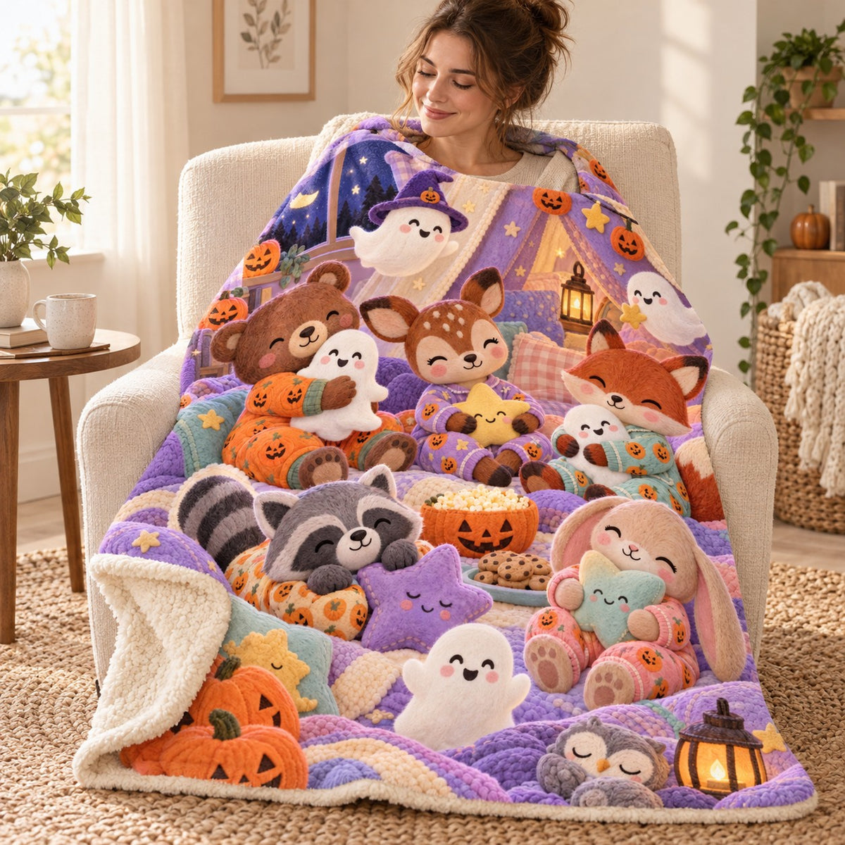 Pumpkin Pajamas blanket, wrapped around a reader
