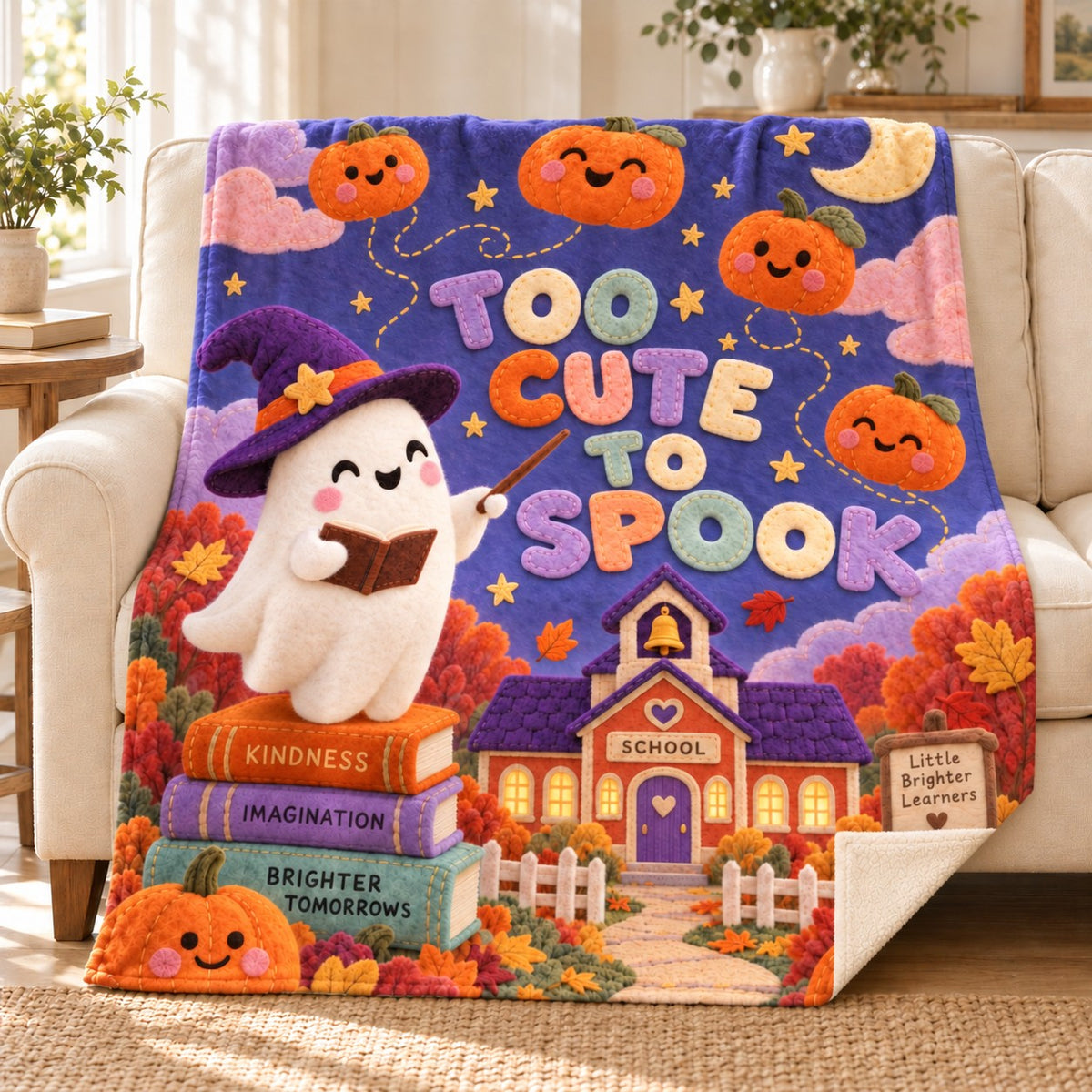 Boo School blanket, on a sofa