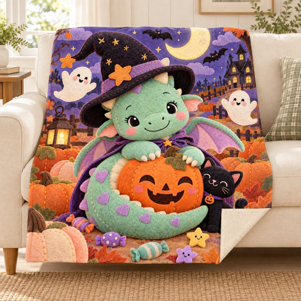 Tiny Dragon blanket, on a sofa