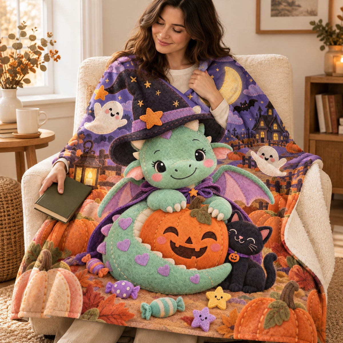 Tiny Dragon blanket, wrapped around a reader