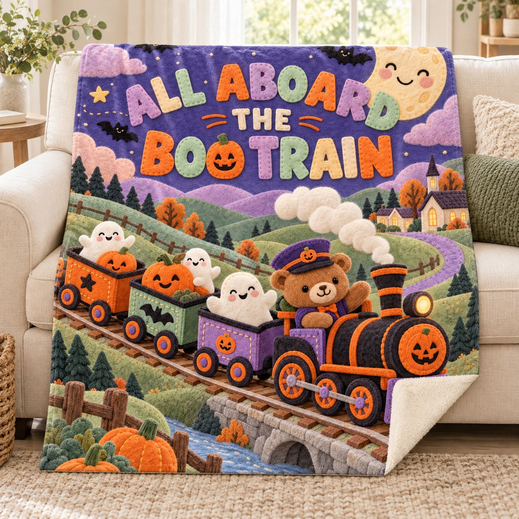 Boo Train blanket, on a sofa