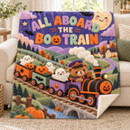 Boo Train blanket, on a sofa