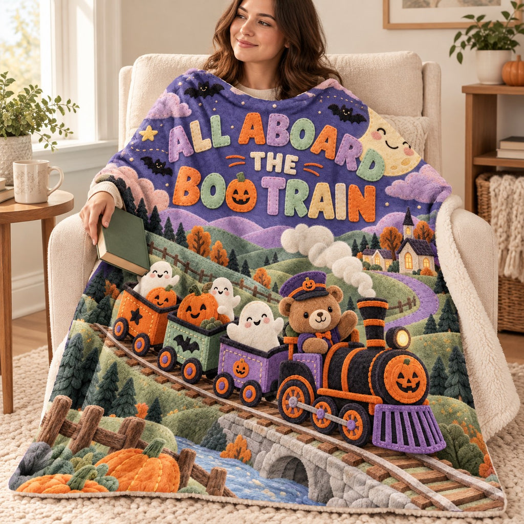 Boo Train blanket, wrapped around a reader