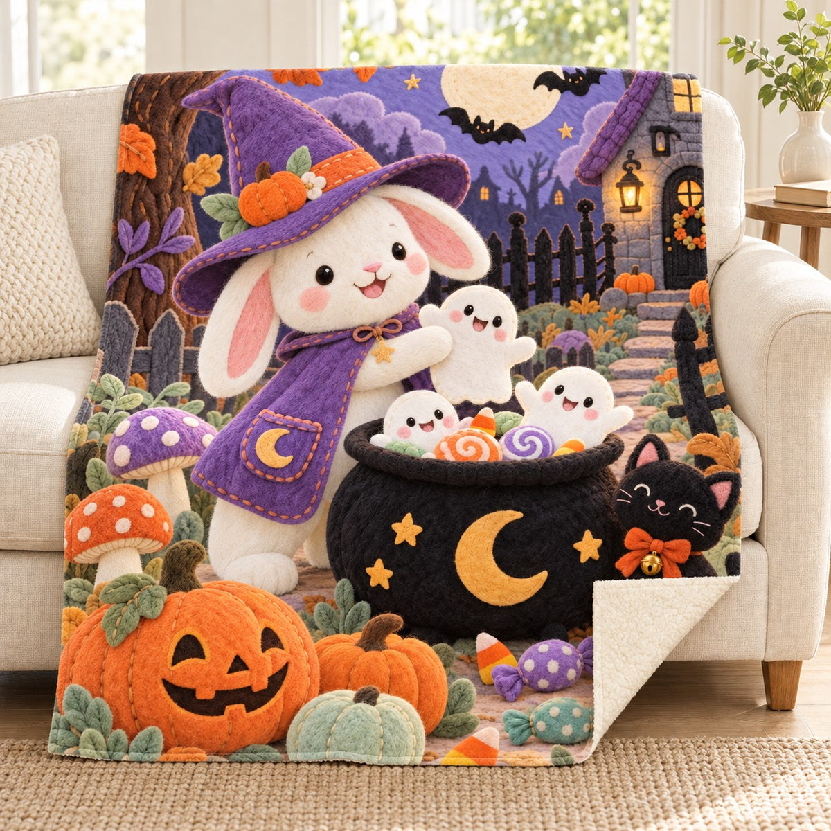 Bunny Magic blanket, on a sofa
