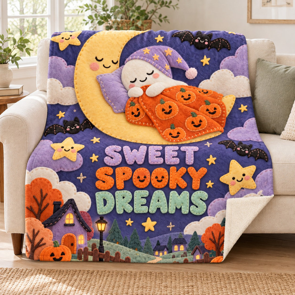 Sweet Dreams blanket, on a sofa